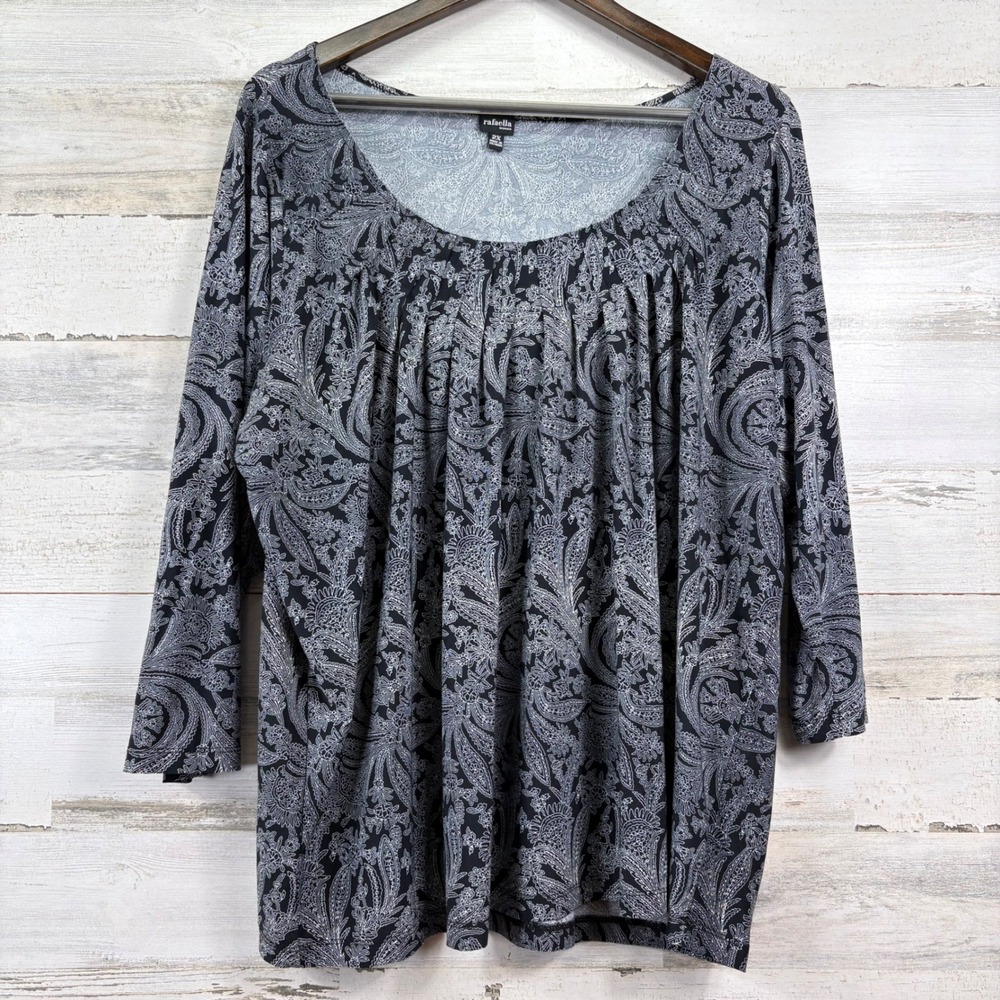 Rafaella Paisley Tunic Top Women 2X Black 3/4 Sleeve Pleated Front Chic‎ Boho